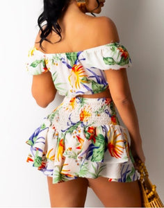 Tropical Print Off Shoulder Crop Top & Skirt Set S-XL
