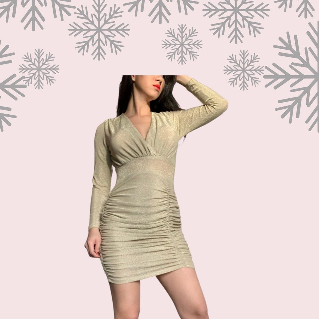 Lily Gold Dress V-neck With long Sleeve Size S- XL