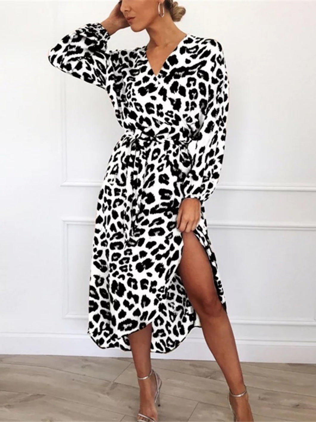 Women Leopard print V-neck high waist heavy chiffon dresses for women (S-XXL) PLUS SIZE