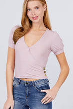 Load image into Gallery viewer, Short Puff Sleeve Surplice Neckline W/side Button Detail Rib Knit Top
