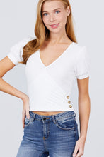 Load image into Gallery viewer, Short Puff Sleeve Surplice Neckline W/side Button Detail Rib Knit Top
