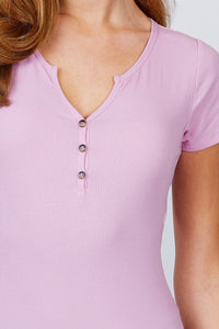 Short Sleeve W/button Detail Henley Neck Rib Knit Top
