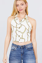 Load image into Gallery viewer, Sleeveless Halter Neck W/collar Button Down Open Back Tie Closer Printed Woven Top
