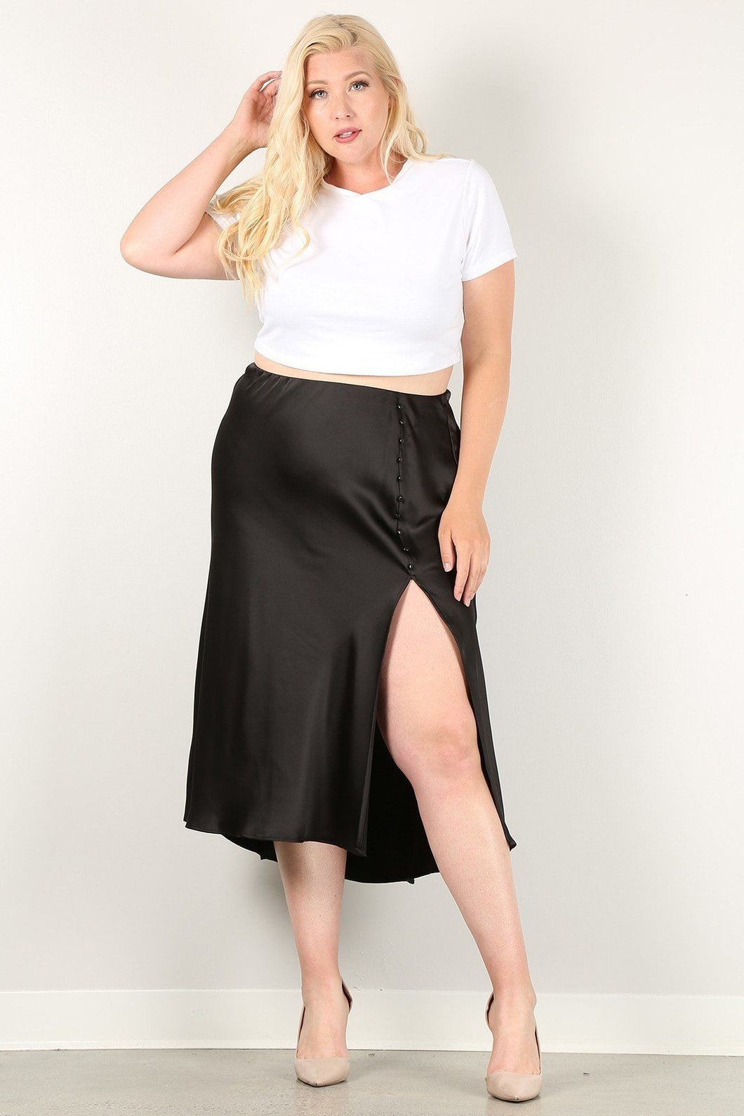Solid High-waist Skirt With Button Trim And Side Slit