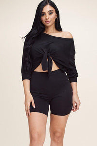 Solid French Terry Tie Front Off The Shoulder Slouchy Top And Shorts Two Piece Set