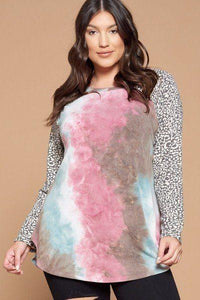 Plus Size French Terry Tie Dye Casual Color Block Top