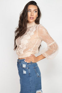 Lace Trim Balloon Sleeve Smocked Top