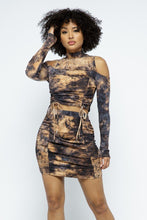 Load image into Gallery viewer, Tie Dye Open Shoulder Long Sleeve Top And Matching Skirt W Ruching Details
