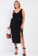 Load image into Gallery viewer, Plus Sleeveless Asymmetrical Shoulder Front Slit Detail Belted Dress
