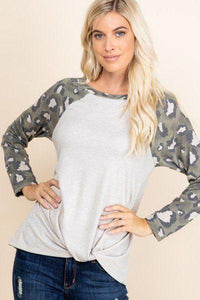 Casual French Terry Side Twist Top With Animal Print Long Sleeves