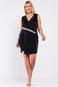 Sleeveless V-neck Asymmetrical Wrap Rhinestones Detail Fitted Mini Blazer Dress