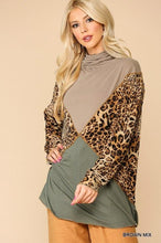 Load image into Gallery viewer, Solid And Animal Print Mixed Knit Turtleneck Top With Long Sleeves
