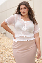 Load image into Gallery viewer, Plus Short Sleeve U-neck With Self-tie Detail Frill Smocked Sheer Top
