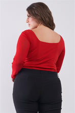 Load image into Gallery viewer, Plus Size Crimson Red Long Mesh Sleeve Sweetheart Neck Detail Structured Crop Top
