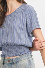 Load image into Gallery viewer, Woven Printed Crinkle Gauze Waist Smocking Short Sleeve Top
