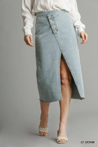 Asymmetrical Waist And Button Up Front Split Denim Skirt With Back Pockets And Unfinished Hem