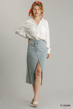 Load image into Gallery viewer, Asymmetrical Waist And Button Up Front Split Denim Skirt With Back Pockets And Unfinished Hem
