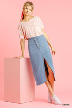 Load image into Gallery viewer, Asymmetrical Waist And Button Up Front Split Denim Skirt With Back Pockets And Unfinished Hem
