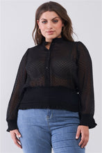 Load image into Gallery viewer, Plus Size Mesh Polka Dot Balloon Sleeve Button-down Smock Detail Blouse Top
