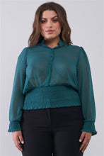 Load image into Gallery viewer, Plus Size Mesh Polka Dot Balloon Sleeve Button-down Smock Detail Blouse Top
