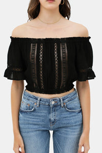 Lace Trim On The Front And Sleeves, Waist Band Cropped Top