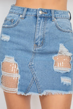 Load image into Gallery viewer, Ripped Sequin Denim Mini Skirt

