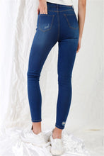 Load image into Gallery viewer, Dark Blue High-waisted With Rips Skinny Denim Jeans

