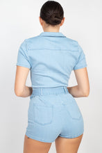 Load image into Gallery viewer, Belted Zip-up Denim Romper
