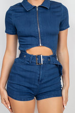Load image into Gallery viewer, Belted Zip-up Denim Romper
