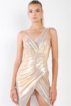 Load image into Gallery viewer, Gold Iridescent V-neck Wrap Gathered Deep Side Slit Different Straps Maxi Dress
