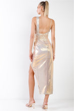 Load image into Gallery viewer, Gold Iridescent V-neck Wrap Gathered Deep Side Slit Different Straps Maxi Dress
