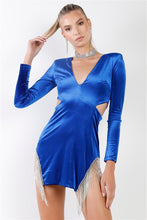 Load image into Gallery viewer, Royal Blue Velvet Side Slits With Rhinestone Trim V-neck Long Sleeve Cut-out Mini Dress

