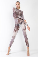 Load image into Gallery viewer, Purple-grey Lightning Print Mock Neck Long Sleeve With Finger Loop Fitted Catsuit /jumpsuit
