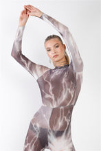 Load image into Gallery viewer, Purple-grey Lightning Print Mock Neck Long Sleeve With Finger Loop Fitted Catsuit /jumpsuit
