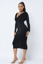 Load image into Gallery viewer, Long Sleeve Midi Dress With Low V Neck Front And Back With Ruching On Sides And Chest
