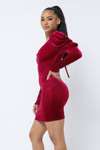Load image into Gallery viewer, Soft Velvet Pleated Puff Sleeve Low V Neck Front And Back Mini Dress
