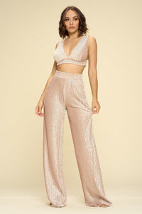 Crushed Velvet Plunging Neck Tank Top And High Waist Palazzo Pants Set