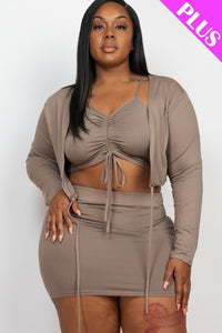 Plus Size Ruched Drawstring Cami Top & Skirt Set With Cardigan