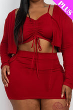 Load image into Gallery viewer, Plus Size Ruched Drawstring Cami Top &amp; Skirt Set With Cardigan

