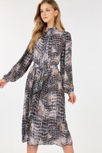 Load image into Gallery viewer, Long Sleeve Pleated Snake Skin Print Midi Dress
