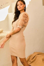 Load image into Gallery viewer, V Neck Contrast Flower Lace Bubble Sleeve Midi Bodycon Dress
