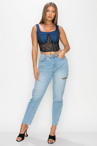 Floral Lace And Denim Crop Top