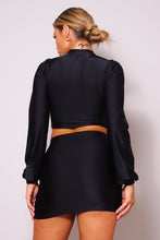 Load image into Gallery viewer, Puff Long Sleeve Front Cutout Turtleneck Blouse &amp; Side Ruched Garter Mini Skirt Set
