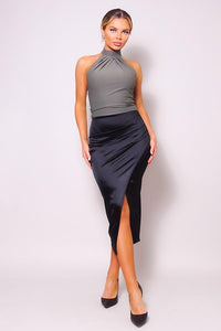 Sexy Gathered Front Crossover Midi Skirt