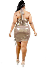 Load image into Gallery viewer, Plus Metallic Cross Wrap Halter Mini Dress
