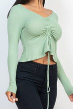 Load image into Gallery viewer, Ribbed Drawstring Front Long Sleeve Peplum Top
