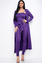 Load image into Gallery viewer, Solid Heavy Rayon Spandex Spaghetti Strap Jumpsuit With Waist Tie And Duster 2 Piece Set
