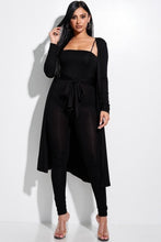 Load image into Gallery viewer, Solid Heavy Rayon Spandex Spaghetti Strap Jumpsuit With Waist Tie And Duster 2 Piece Set
