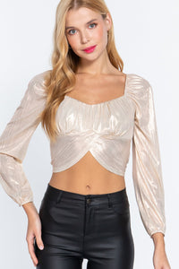 Long Slv Ruched Metallic Knit Top
