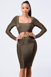 Luxe Waist Gold Chain Cut-out Detail Square Neck Glitter Bodycon Dress